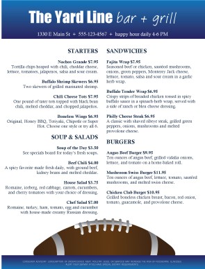 football bar food menu sports bar menus