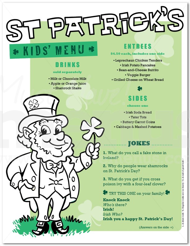 St Patricks Kids Menu | page 1