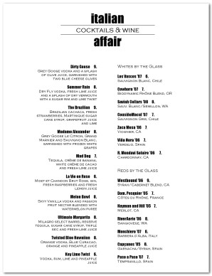 Menu for Bar