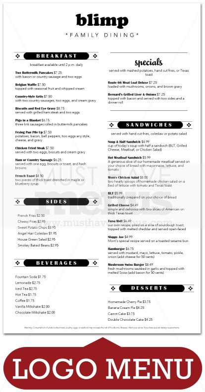Family Diner Menu | page 1