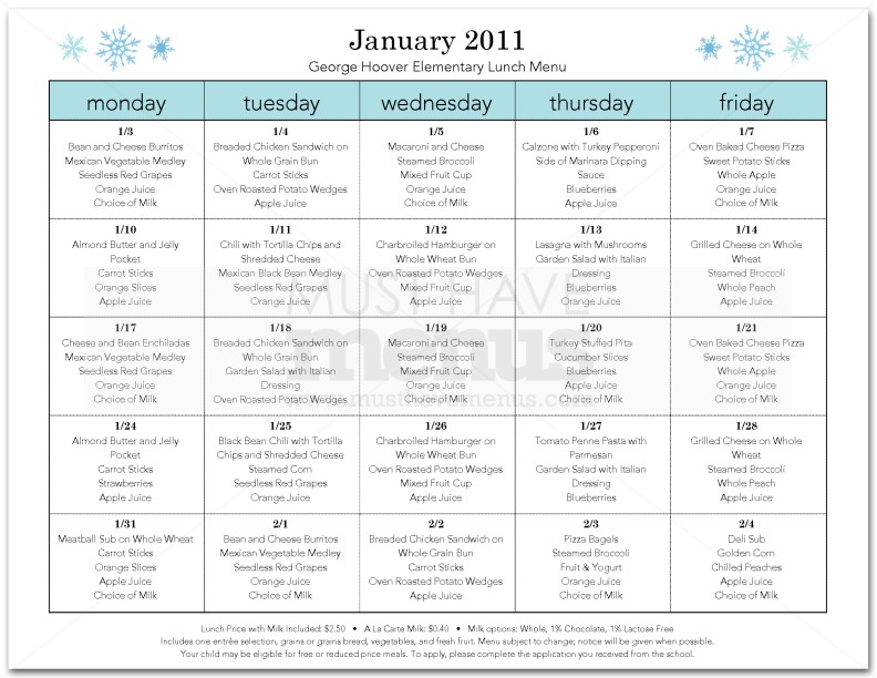 Winter School Cafeteria Menu | page 1