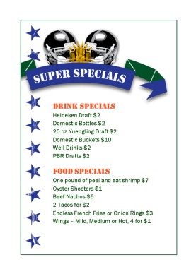 super football specials table tent sports bar menus