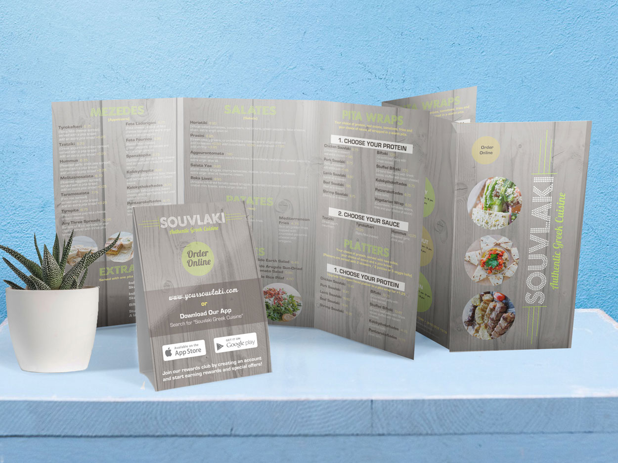 Graphic Design for Greek dine-in, takeout and specialty menus