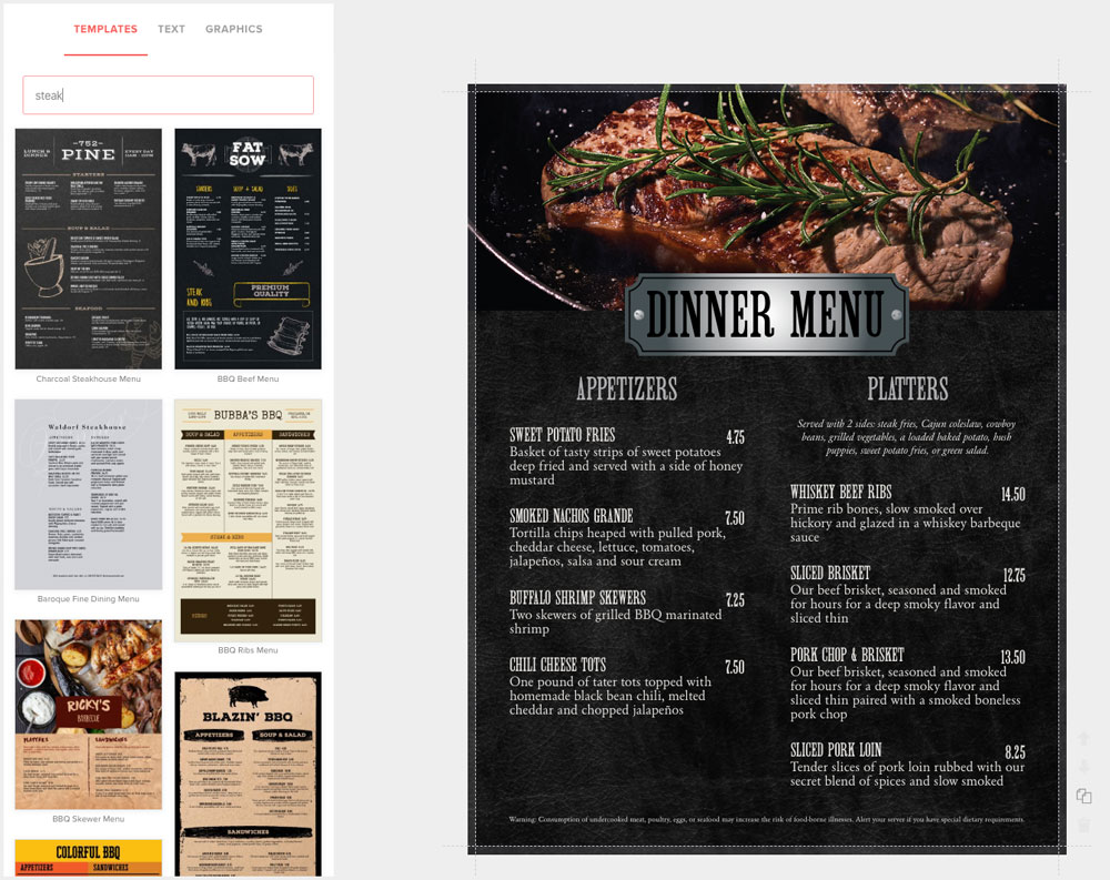 Create Steakhouse Menus
