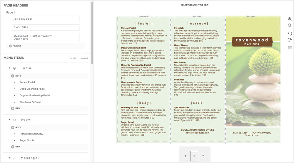 Create Spa Menus Create Spa Menus