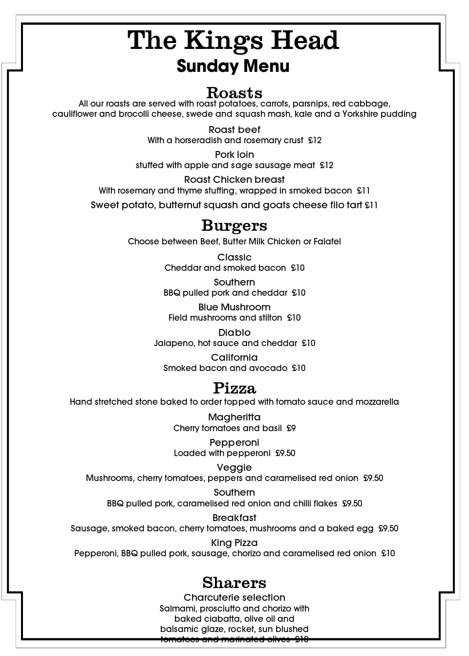 The Kings Head Sunday Menu