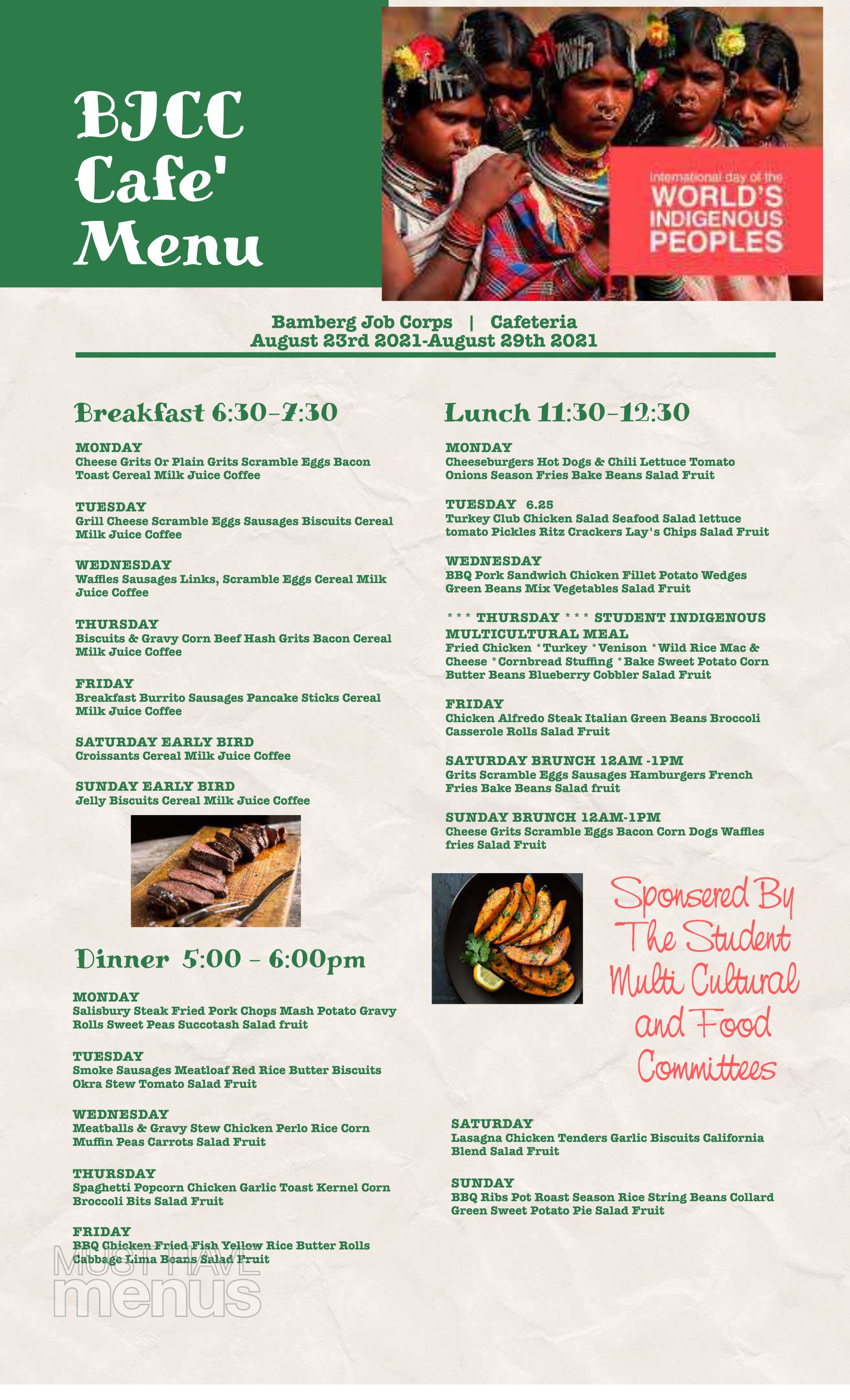 Bamberg Job Corps Cafeteria Menu August 23rd 29th 2021