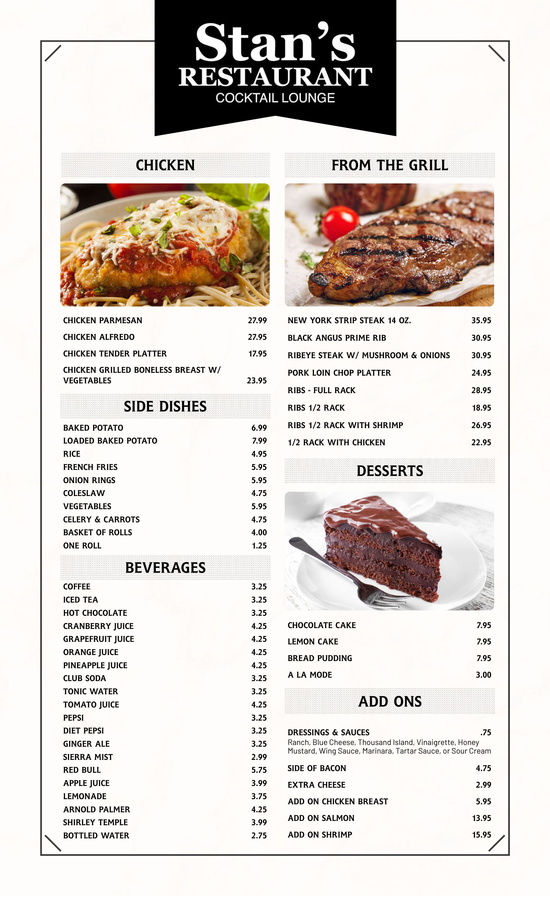 Stan's Restaurant Menu