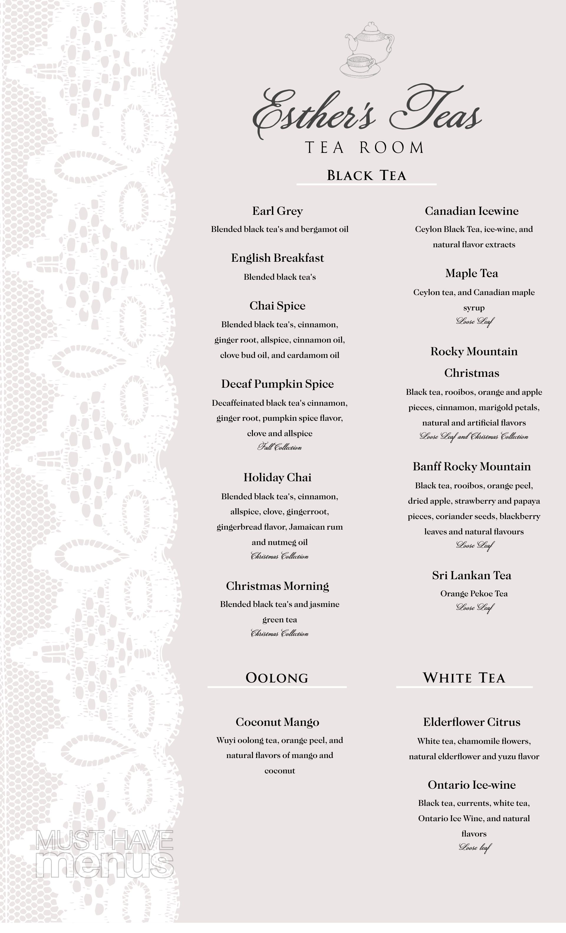 English Tea Menu