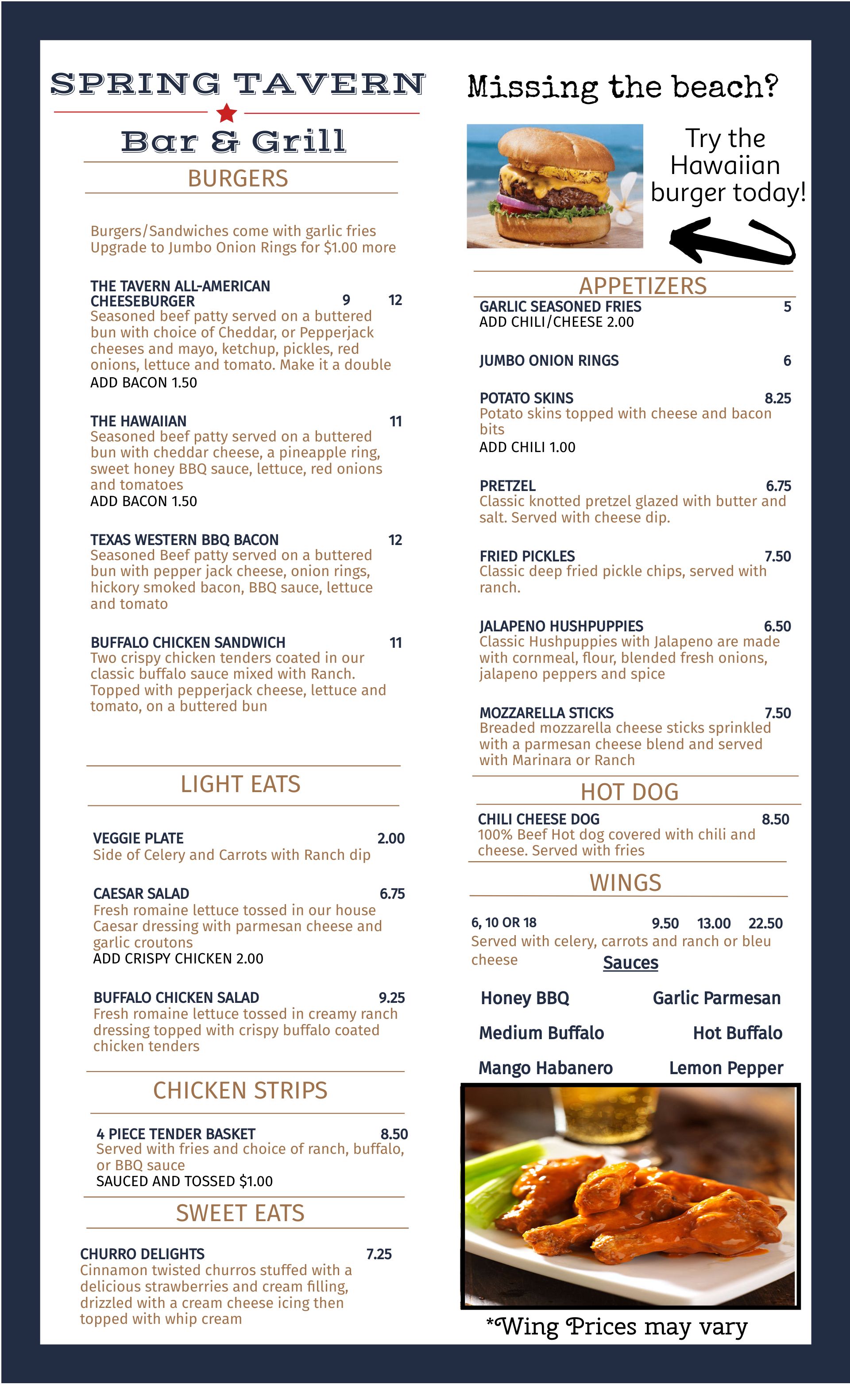 Spring Tavern Dining Menu